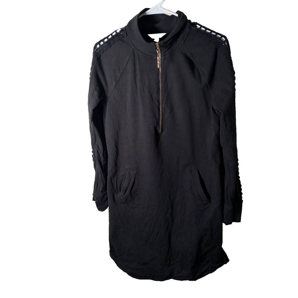 Lilly Pulitzer Sweatshirt Dress Women's Small Black 1/4 Zip Strappy Lace Sleeve